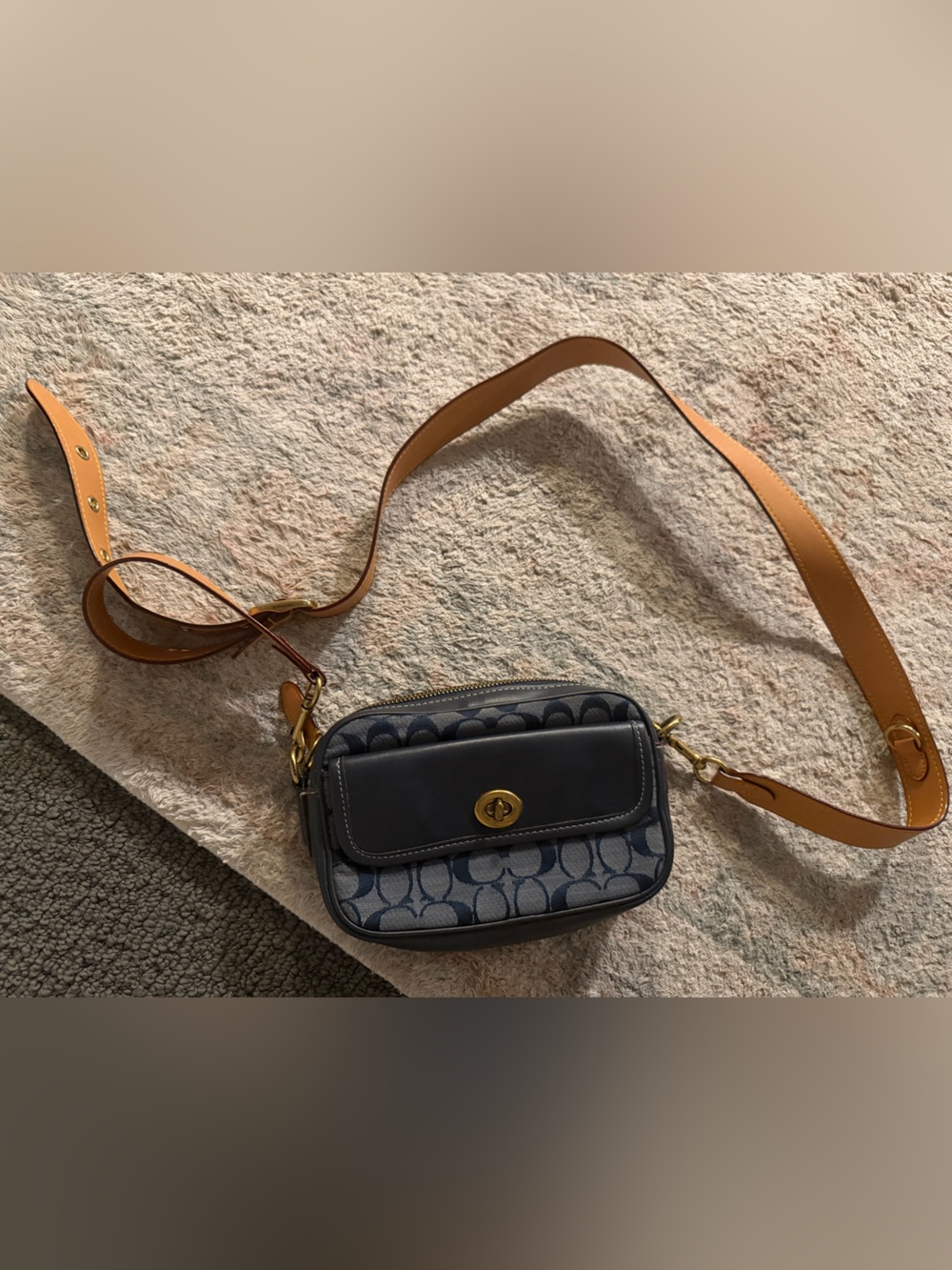 Coach Navy Signature Canvas Crossbody with Tan Leather Strap